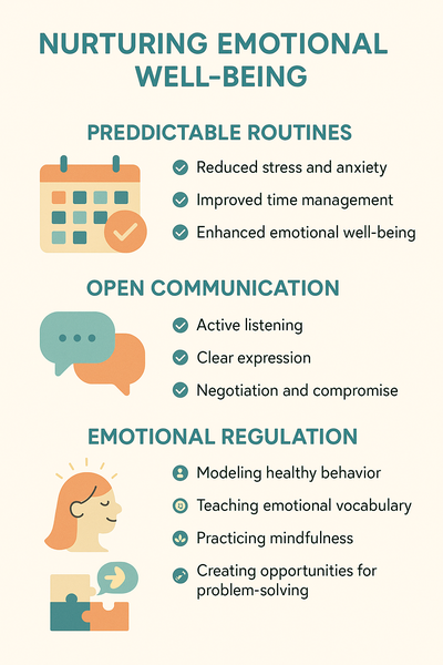 Infographic outlining ways to nurture emotional well-being through predictable routines, open communication, and emotional regulation, using simple icons and pastel colors.