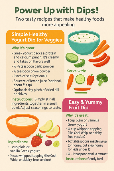 A colorful infographic showing two healthy dips for kids: a yogurt veggie dip with garlic and onion powder, and a fruit dip made with Greek yogurt, whipped topping, and maple syrup. Includes serving suggestions like carrot sticks and strawberries.