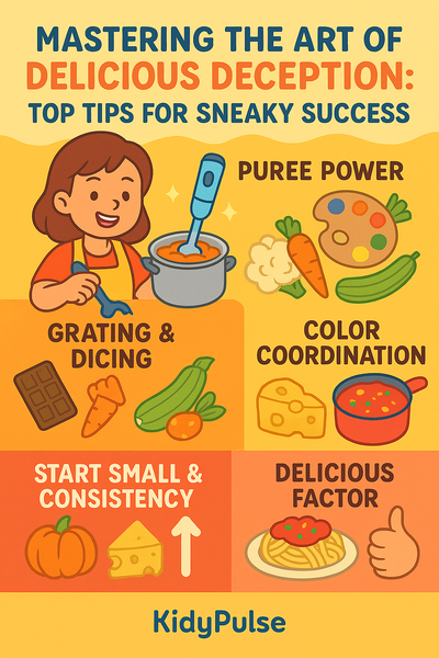 nfographic with illustrated tips for hiding vegetables in kids’ meals, featuring puree techniques, color coordination, flavor masking, and consistency, titled “Mastering the Art of Delicious Deception.”