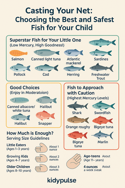 Infographic showing fish selection tips and serving sizes for kids, categorized into "Superstar," "Good Choices," and "Caution" groups, with corrected spelling and "kidypulse" branding.