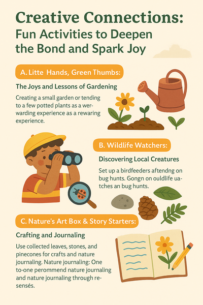 Infographic featuring fun nature activities for kids, including gardening, wildlife watching, and crafting with natural materials to spark creativity and deepen connections.