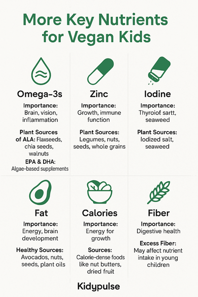 Infographic showing six key nutrients for vegan kids—omega-3s, zinc, iodine, fat, calories, and fiber—using icons and brief descriptions on a white background.