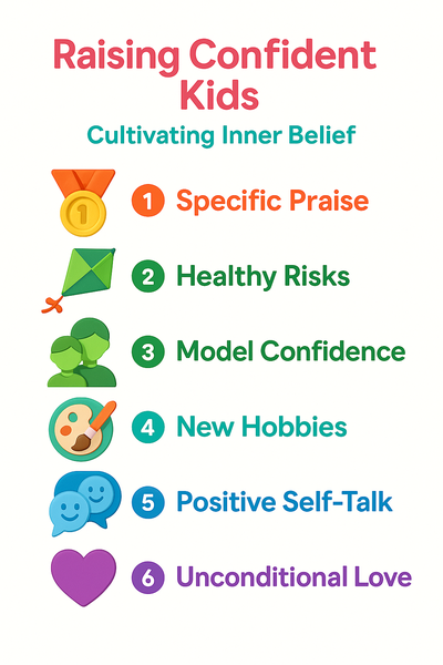 Infographic ‘Raising Confident Kids’ lists six confidence boosters: specific praise, healthy risks, model confidence, new hobbies, positive self-talk, unconditional love.