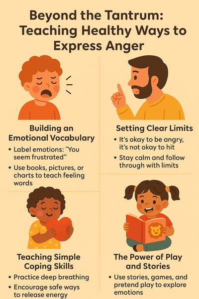 A colorful infographic titled "Beyond the Tantrum: Teaching Healthy Ways to Express Anger," showing tips for parents to help toddlers manage anger through emotional vocabulary, setting limits, coping tools, play, and storytelling.