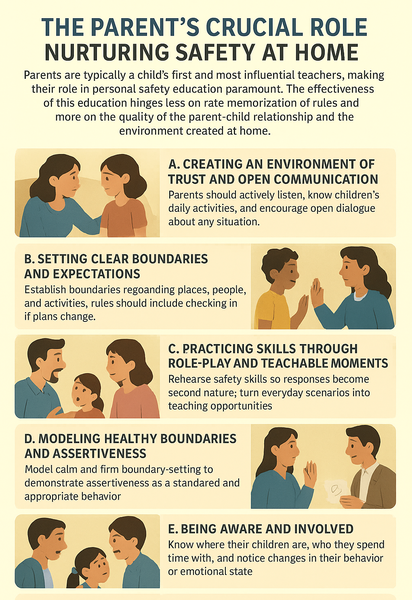 An infographic titled "The Parent's Crucial Role: Nurturing Safety at Home" featuring icons and text boxes summarizing key parental strategies like open communication, boundary setting, skill practice, modeling behavior, vigilance, and contextual safety rules.