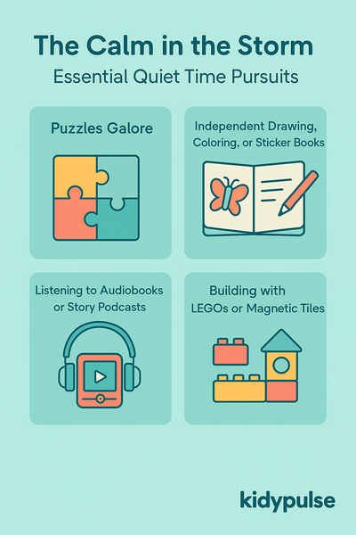 Infographic titled ‘The Calm in the Storm’ showing four quiet-time activities for kids—puzzles, coloring, audiobooks, and LEGO building—on a soft teal background.
