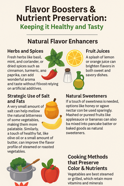 Infographic titled "Flavor Boosters & Nutrient Preservation: Keeping it Healthy and Tasty," featuring tips on enhancing food with herbs, spices, fruit juices, and healthy fats, along with cooking methods to retain nutrients and color in vegetables.