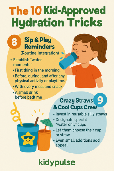 Infographic with three hydration tips for kids: fun water bottles, fruit-infused water, and frozen treats in colorful shapes.