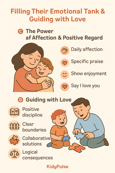 Filling Their Emotional Tank & Guiding with Love" featuring parenting hacks like daily affection, specific praise, positive discipline, and logical consequences to strengthen emotional bonds and promote healthy child development.