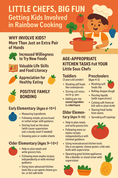 Infographic titled "Little Chefs, Big Fun: Getting Kids Involved in Rainbow Cooking" featuring colorful sections that highlight age-appropriate kitchen tasks, benefits of involving kids in cooking, grocery shopping tips, and gardening ideas to promote healthy eating habits and family bonding.