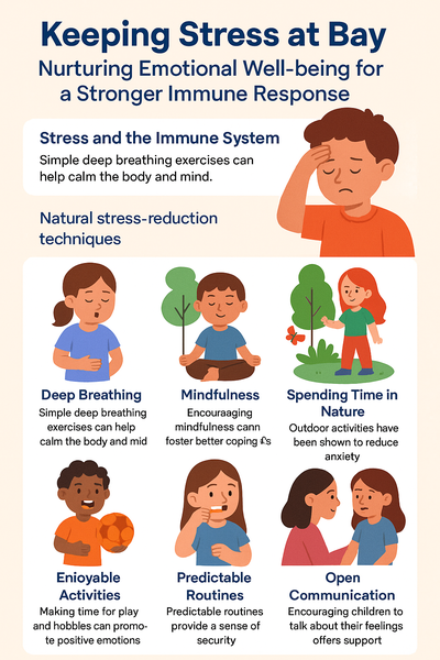 Infographic titled “Keeping Stress at Bay” showing children practicing stress-reducing activities like deep breathing, mindfulness, and spending time in nature to support emotional well-being and immune health.