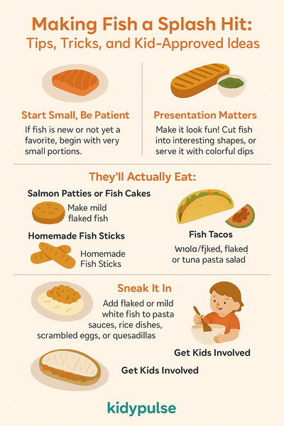 Infographic with tips and kid-friendly meal ideas for getting children to eat fish, including small servings, fun shapes, tacos, fish sticks, and involving kids in cooking; branded with kidypulse.