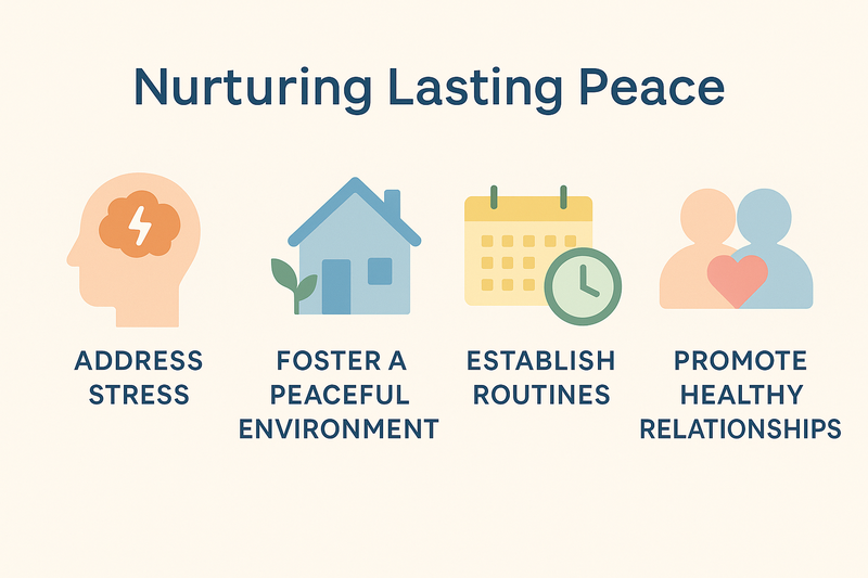 Infographic titled "Nurturing Lasting Peace" with icons and text highlighting four key principles: address stress, foster a peaceful environment, establish routines, and promote healthy relationships.