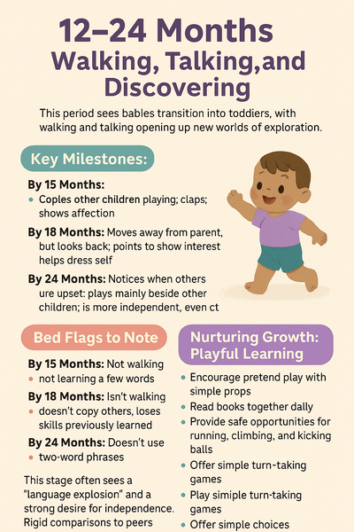 A colorful vertical infographic titled "12–24 Months: Walking, Talking, and Discovering" highlights key toddler milestones, red flags, and playful learning tips using icons, timelines, and brief descriptions.