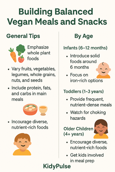 Infographic with sections for breakfast, lunch, dinner, and snack ideas for vegan kids, using colorful icons and minimal text on a white background.