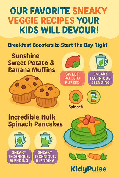 Infographic showcasing two sneaky veggie breakfast ideas—sweet-potato banana muffins and green spinach “Hulk” pancakes—highlighting hidden-veg blending techniques, with KidyPulse logo.
