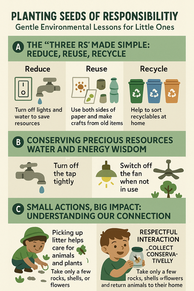 Infographic teaching kids about environmental responsibility, focusing on the "Three Rs" (Reduce, Reuse, Recycle), conserving water and energy, and making small actions that have a big environmental impact.