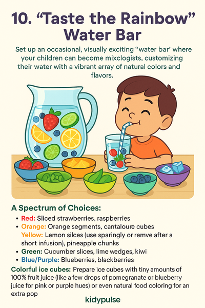 Bright infographic with three kid-friendly hydration tips: using fun water bottles, making fruity “potion” water, and enjoying colorful frozen treats.