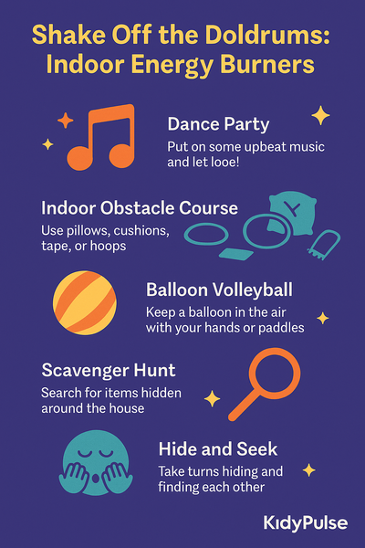 Infographic titled ‘Shake Off the Doldrums’ showing five indoor physical activities for kids—dance party, obstacle course, balloon volleyball, scavenger hunt, and hide and seek.