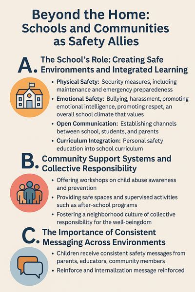 Infographic titled “Beyond the Home: Schools and Communities as Safety Allies” with sections on the role of schools, community support systems, and the importance of consistent messaging in child safety education.