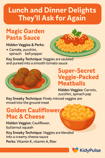 Infographic titled “Lunch and Dinner Delights They’ll Ask for Again!” featuring three hidden-veggie meals—Magic Garden pasta sauce, super-secret veggie meatballs, and golden cauliflower mac & cheese—each with an illustration and short description of the sneaky technique, plus KidyPulse logo.