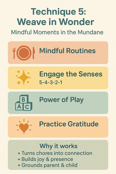 Vertical infographic titled “Technique 5: Weave in Wonder – Mindful Moments in the Mundane,” done in warm pastel bars. Steps:
Mindful Routines (plate-fork icon).
Engage the Senses (sparkle icon) – “5-4-3-2-1.”
Power of Play (ABC blocks icon).
Practice Gratitude (heart-rays icon).
Footer “Why it works”: • Turns chores into connection • Builds joy & presence • Grounds parent & child.