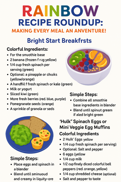 A colorful infographic titled "Rainbow Recipe Roundup" featuring vibrant breakfast ideas for kids, including a rainbow smoothie bowl and "Hulk" spinach eggs, with illustrated ingredients and step-by-step instructions.