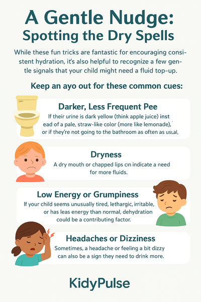 Infographic highlighting signs of dehydration in kids, including dark urine, dry lips, low energy, and headaches, with simple icons and brief descriptions.