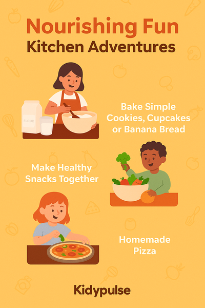 Infographic titled ‘Nourishing Fun: Kitchen Adventures’ showing kids baking, preparing healthy snacks, and making homemade pizza.