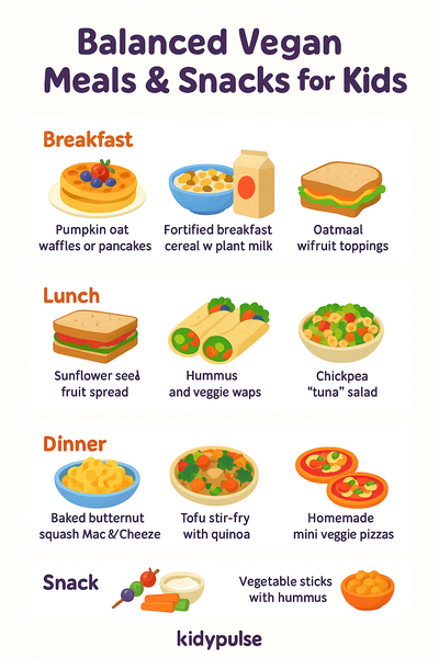 Infographic featuring balanced vegan meal and snack ideas for kids, illustrated with colorful icons for each meal type on a clean white background.