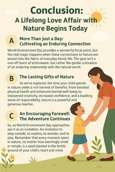 Infographic conclusion about fostering a lifelong love for nature in children, highlighting the benefits of outdoor exploration, creativity, and responsibility.