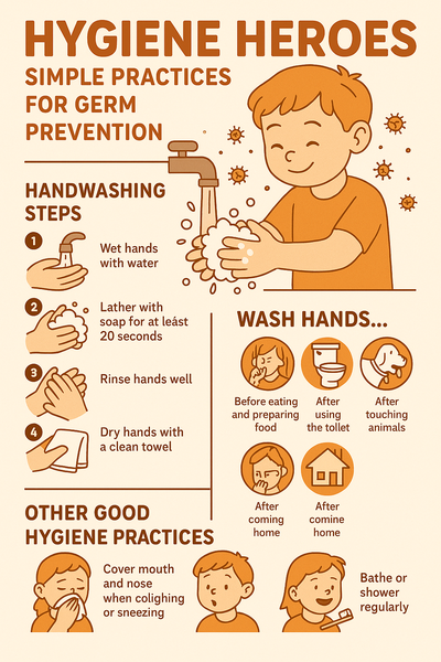 Infographic titled “Hygiene Heroes” showing handwashing steps, when to wash hands, and other hygiene practices like covering mouth when sneezing and brushing teeth.