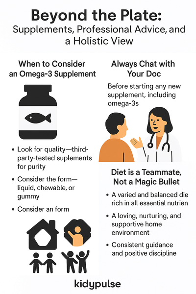 Infographic titled "Reeling in the Benefits for a Socially Savvy Child" showing how omega-3s support kids’ brain and social development, with illustrations of a brain, salmon, and a smiling child.