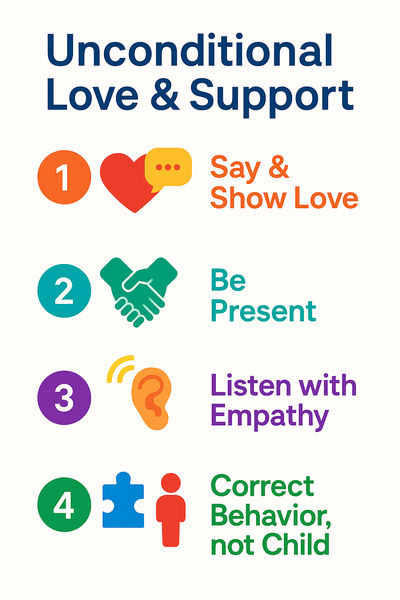 Infographic with four tips: say & show love, be present, listen with empathy, correct behavior not child.