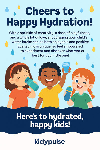 Infographic with cheerful kids holding water cups and the title “Cheers to Happy Hydration!” promoting fun and positive hydration habits.
