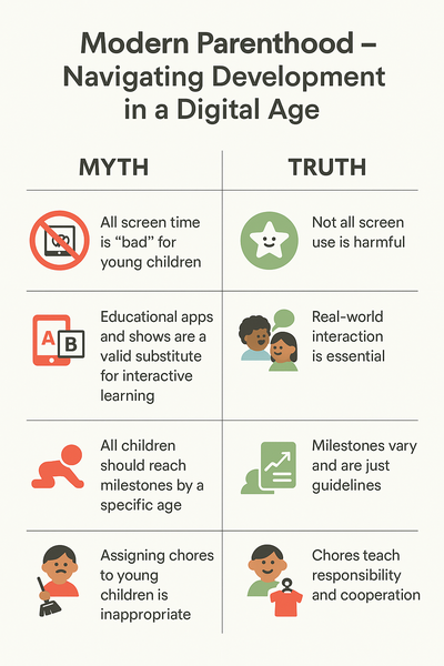 Infographic titled "Modern Parenthood – Navigating Development in a Digital Age" showing four common myths and truths about screen time, learning, milestones, and chores for children.