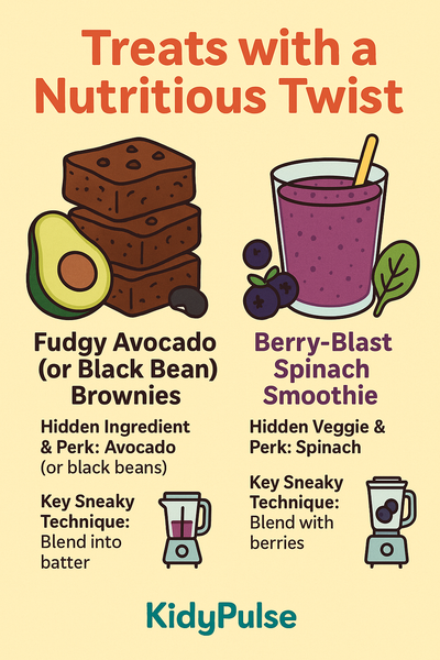 Infographic featuring two healthy treats for kids—fudgy avocado (or black bean) brownies and a berry-blast spinach smoothie—highlighting hidden-veggie techniques with playful illustrations and KidyPulse logo.