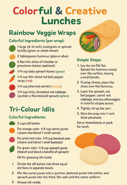 Infographic poster showing two colorful lunch recipes for kids: Rainbow Veggie Wraps with layered vegetables in a tortilla, and Tri-Colour Idlis made with carrot, beetroot, and spinach puree.