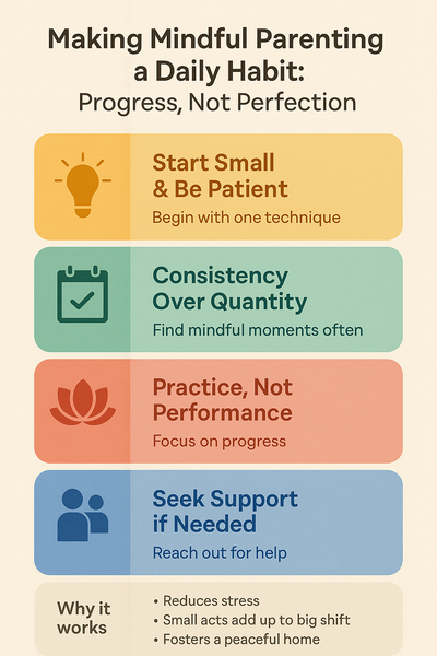 Vertical infographic titled “Making Mindful Parenting a Daily Habit – Progress, Not Perfection,” in the same warm pastel palette as the previous slides. Four bars:
Start Small & Be Patient (light-bulb icon) – “Begin with one technique.”
Consistency Over Quantity (calendar-check icon) – “Find mindful moments often.”
Practice, Not Performance (lotus icon) – “Focus on progress.”
Seek Support if Needed (two-people icon) – “Reach out for help.”
Footer “Why it works”: • Reduces stress • Small acts add up to big shift • Fosters a peaceful home.