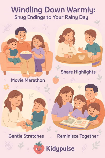 Infographic titled ‘Winding Down Warmly’ with illustrations of a family watching a movie, sharing highlights, doing stretches, and looking at photo albums.