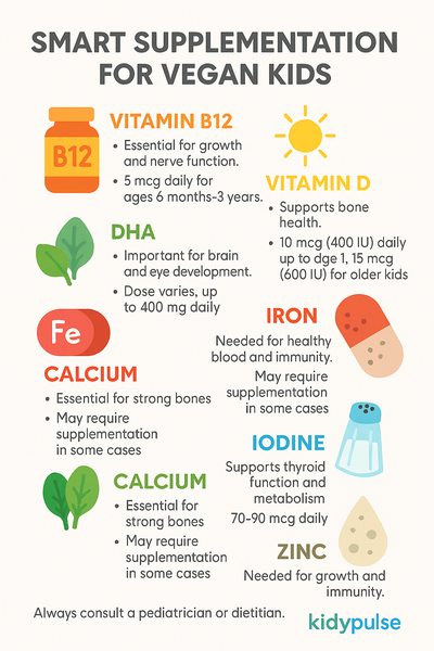 Infographic showing essential supplements for vegan kids, including B12, vitamin D, DHA, and more, with colorful icons and a clean layout.