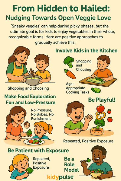 Infographic titled “From Hidden to Hailed: Nudging Towards Open Veggie Love,” showing illustrated tips—like involving kids in cooking, making food exploration playful, repeated exposure, and modeling veggie eating—with KidyPulse logo at the bottom.