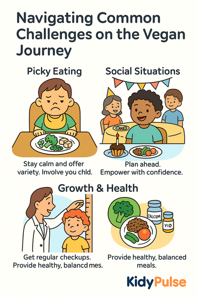 Infographic highlighting challenges in raising vegan kids, focusing on picky eating, social situations, and growth, with simple illustrations and minimal text.