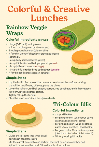 A colorful infographic titled "Dazzling Dinners & Snack-tastic Rainbow Bites" featuring vibrant images of rainbow spaghetti, vegetable skewers, fruit kabobs, and mini fruit pizzas, with brief recipe steps and ingredients shown in sections for each dish.