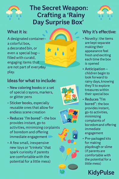 Infographic titled ‘The Secret Weapon: Crafting a Rainy Day Surprise Box’ showing benefits and contents like coloring books, stickers, toys, and slime kits.