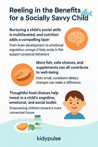 Infographic on how omega-3s support children's social, emotional, and brain development, with fish and child illustrations.