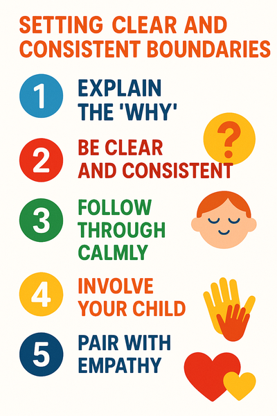 Infographic with five boundary-setting tips: 1 explain why, 2 be clear and consistent, 3 follow through calmly, 4 involve child, 5 pair with empathy.