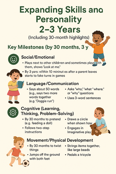 Infographic titled 'Expanding Skills and Personality: 2–3 Years' showing key milestones in social/emotional, language, cognitive, and physical development for toddlers, with simple icons and illustrations of young children."