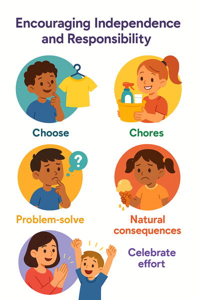 Infographic with five independence tips: choose, chores, problem-solve, natural consequences, celebrate effort