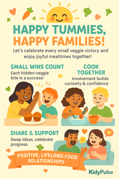 Infographic created—“Happy Tummies, Happy Families!” shows a family enjoying veggies with tips like celebrating small wins, making food exploration fun, and trying a new sneaky-veggie recipe each week, branded with KidyPulse.